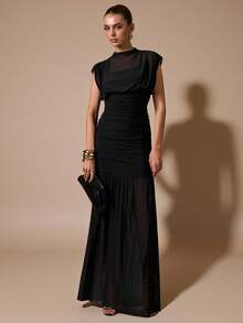 SHEIN BAE 黑色披肩式优雅薄纱褶皱连衣裙，适合浪漫约会、派对、正式聚会、伴娘礼服、女士夏季连衣裙、下午茶会连衣裙、新年、情人节、生日迷你连衣裙、黑色连衣裙 - 黑色 - 查看 6