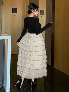 DAZY Women's Elegant Color Block Ruffle Hem Sweater Dress, Autumn/Winter