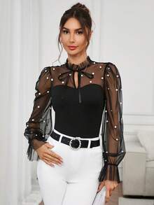 Editum Women's Elegant Romantic Ruffle Trim Collar Splice Sheer Beaded Long Sleeve Black Blouse, Valentine's Daychristmaselegantcasualgraphic - Black - View 3