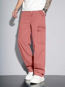 Claim Dot Loose Fit Men's Flap Pocket Side Cargo Jeans Men Cargos Pants - Pink - View 8