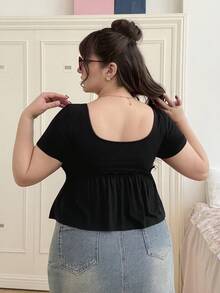 CovetEZ 大码女式休闲方领短袖黑色T恤上衣，夏季 - 黑色 - 查看 2