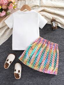Sparklyn 2pcs/Set Toddler Girls' Cute Printed Short Sleeve Round Neck T-Shirt + Printed Skirt Casual Versatile Spring/Summer Outfit Skirt Summer Sets For Girls Kid Set Skirt And T Shirt Birthday Outfits For Girls Skirt Girl Shirt And Skirt Set Rainbow Skirt Kids - Multicolor - View 2