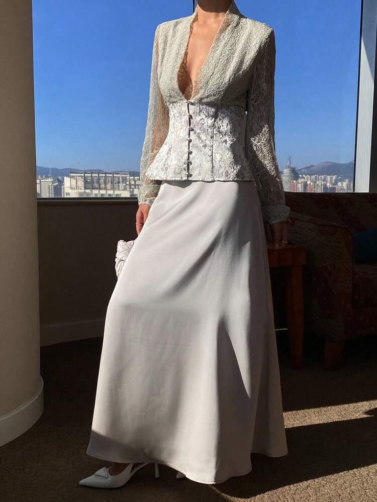 Women's Elegant Commuter Lace Patchwork Top And Skirt 2 Pieces Set