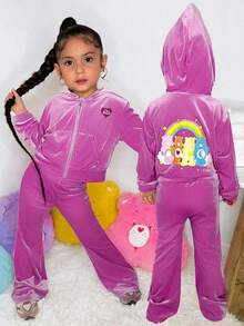 SHEIN X Care Bears Young Girl Cute Pink Heart Embroidered Velvet Hooded Jacket And Flare Pants Set - Pink - View 1