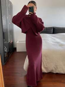 Livesso Women's Turtleneck Sweater Dress With Casual Mini Skirt, Suitable For Christmas Party Dress - Red - View 3