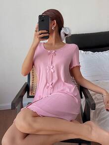 Dream Adore 梦幻浪漫可爱蝴蝶结装饰针织圆领荷叶边短袖睡裙 - 粉色 - 查看 5