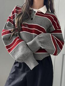 FRIFUL Women's Polo Collar Striped Contrast Color Casual Sweater - Grey - View 1