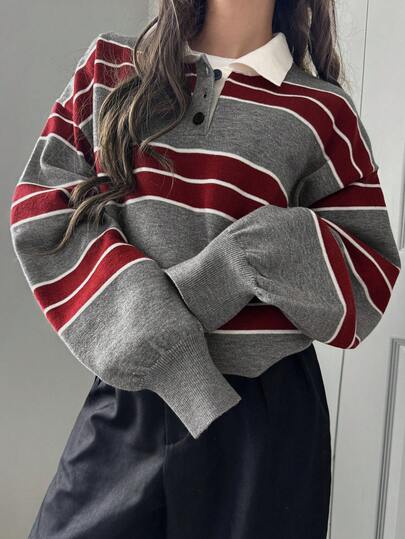 FRIFUL Women's Polo Collar Striped Contrast Color Casual Sweater