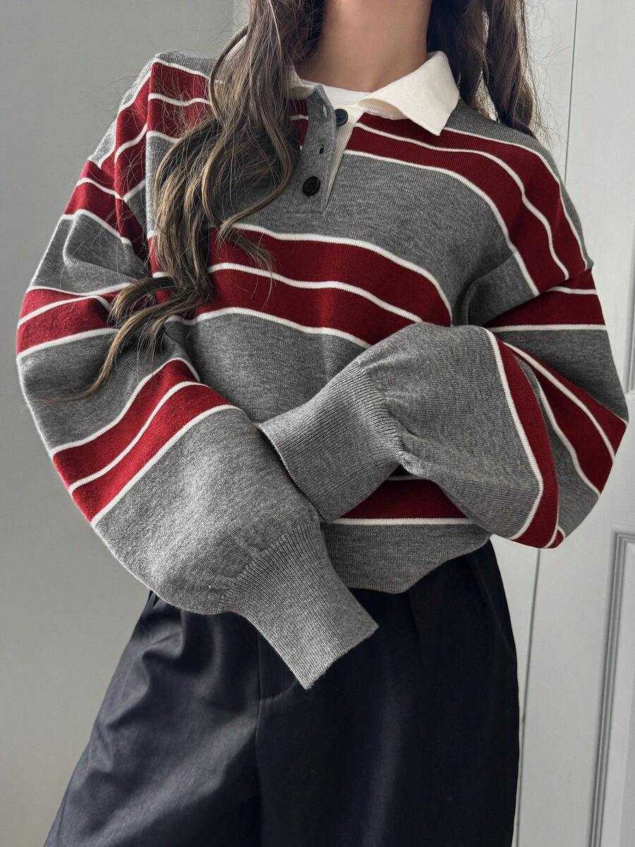 FRIFUL Women's Polo Collar Striped Contrast Color Casual Sweater - Grey - View 1