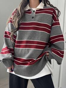 FRIFUL Women's Polo Collar Striped Contrast Color Casual Sweater - Grey - View 3