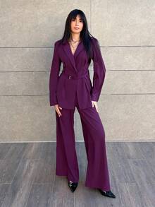 Hitanina 紫色优雅商务西装外套和裤子套装 - 中紫紅色 - 查看 5