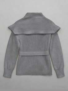 Airaco Plus Size Solid Color Overlapping Collar Ribbed Knit Sweater, Autumn/Winter - Grey - View 2