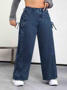 SHEIN PETITE CURVE Plus Size Casual Distressed Criss-Cross Strap Denim Jeans - Blue - View 6