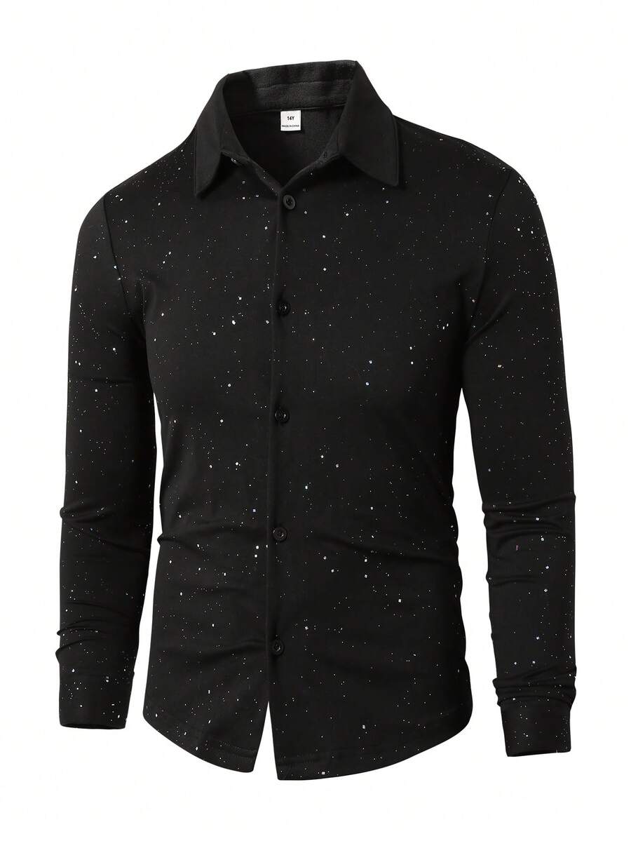 一件青少年男士绅士风黑色亮面修身长袖翻领衬衫，优雅学术风个性休闲外套，适合婚礼、婚礼宾客、花童、戒指童等场合。 - 黑色 - 查看 1