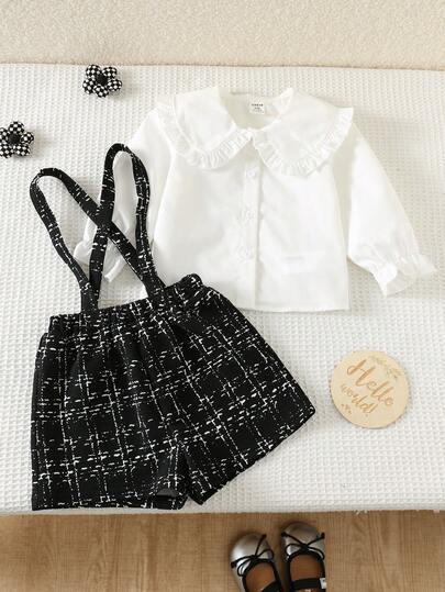 2pcs Baby Girl Cute & Elegant Doll Collar Ruffle Trim Long Sleeve Shirt & Plaid Suspender Shorts Set, Suitable For Spring, Summer, Autumn Baby Girl School Uniform Black Dress White Collar Toddler Dress 2pcs Set Toddler Girls Cute Vintage Style Black And White Baby Girl Dress Baby Girl Business Outfit
