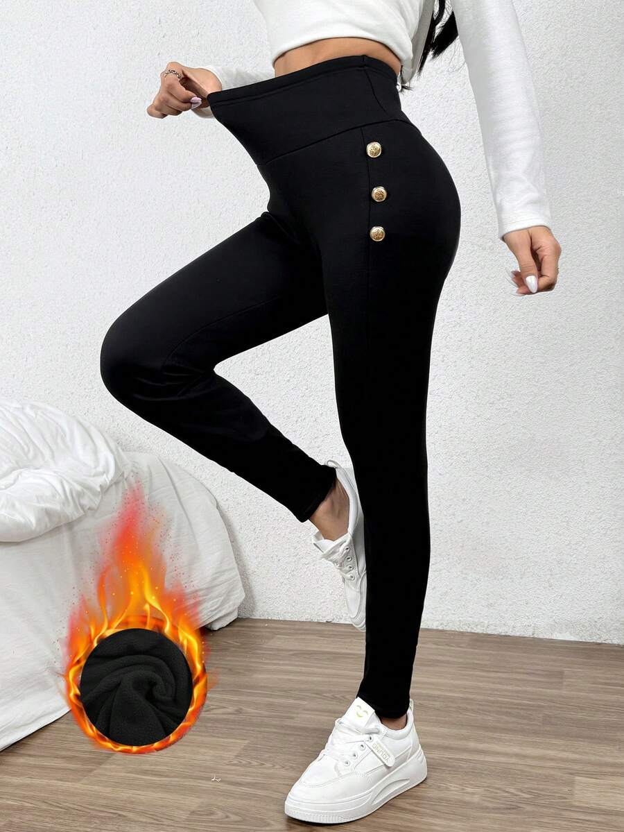 SHEIN PETITE 女士纯色加厚保暖高腰紧身裤，金属纽扣装饰，九分裤长，秋冬款