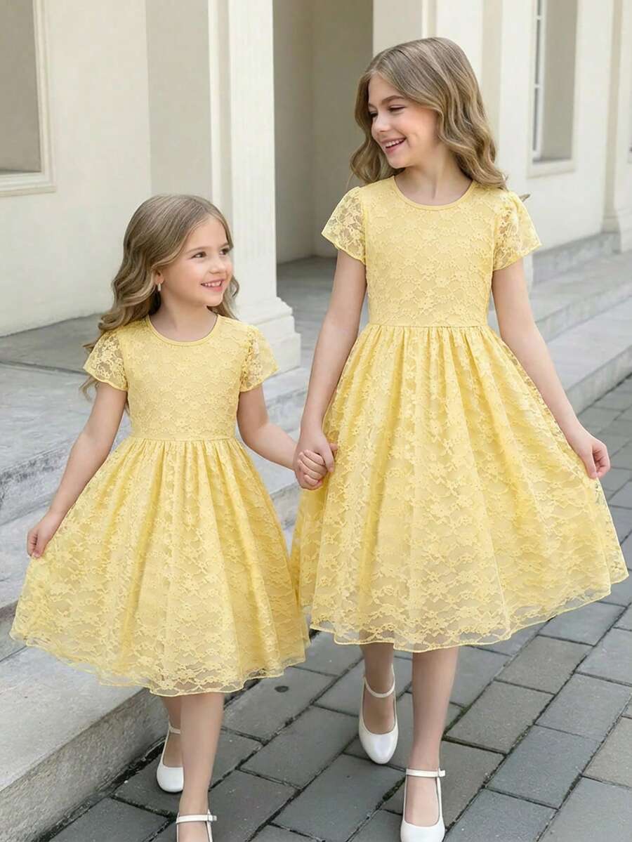 Tween Girls Sweet Style Yellow Lace A-Line Cap Sleeve Dress, Lightweight For Spring/Summer, Suitable For Holidays And Everyday Wear - Yellow - View 1