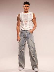 FeverCity Men's Fashionable Casual Ripped Sweater Vest - White - View 4
