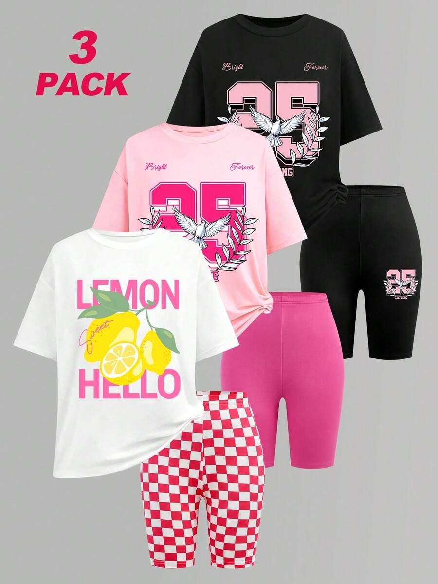 SHEIN ChillGRL Bộ 6 món đồ thời trang đường phố giản dị cho bé gái tuổi teen và quần short biker 2 món - Nhiều màu - Xem 1