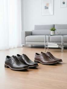 Paquete set de 2 pares de zapatos de vestir de piel genuina en color negro y café de moda para hombre en piel suave, punta cuadrada, cordones, tacón bajo, estilo clásico para negocios y casual. - Multicolor - Ver 1