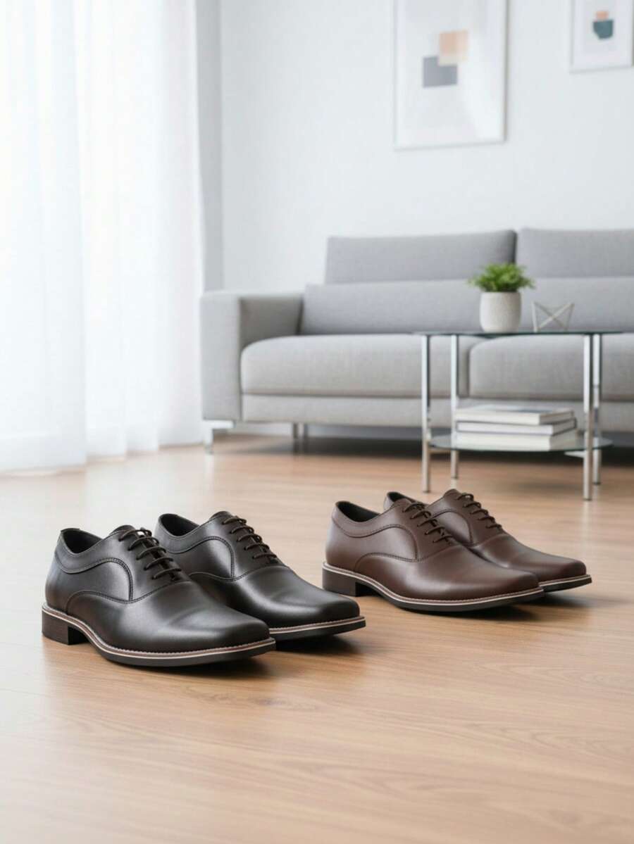Paquete set de 2 pares de zapatos de vestir de piel genuina en color negro y café de moda para hombre en piel suave, punta cuadrada, cordones, tacón bajo, estilo clásico para negocios y casual. - Multicolor - Ver 1