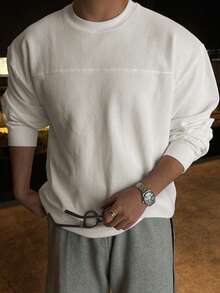 DAZY Men's Patchwork Design White Round Neck T-Shirt, Spring/Autumn - White - View 3