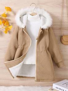 SHEIN 少女休闲百搭多功能保暖毛领中长连帽针织外套，适合上学和日常穿着，秋冬季 - 卡其色 - 查看 7