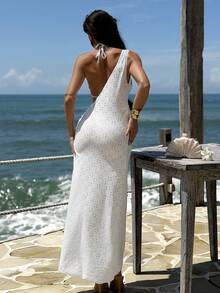 Bonvoyette 女士罩衫，时尚海滩度假风，单肩侧开衩镂空长款 - 白色 - 查看 3