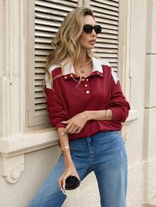 Chiquease Áo nỉ nữ cổ polo phối màu tương phản, kiểu dáng thanh lịch tối giản, áo dài tay dáng rộng mùa xuân dành cho nữ. - Đỏ - Xem 4