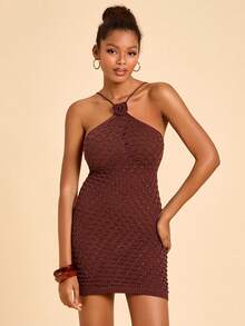 Travachic Women's Halter Tie-Up Backless Elegant Waist-Cinched Vacation Party Knit Dress - Brown - View 3