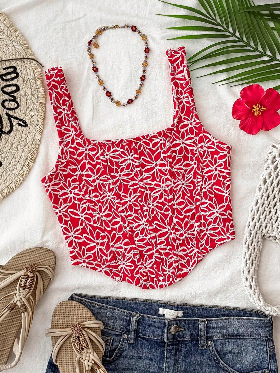 Travachic Áo tank top ôm sát in hoa toàn thân kiểu dệt kim cho nữ, bộ đồ thường ngày đi nghỉ mát cho nữ, kỳ nghỉ hè, kỳ nghỉ xuân, tiệc tùng, bãi biển, mùa xuân, ngày lễ tình nhân, quà Valentine cho nữ, trang phục lễ hội, thanh lịch, hoa văn, lễ hội, từ xuân sang hè, tiệc tùng, trang phục lễ hội, phong cách boho Mexico cho nữ, áo đỏ. - Đỏ và trắng - Xem 1