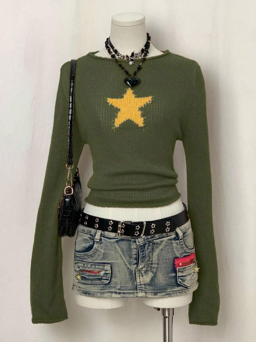 EgrlEra Áo len cổ tròn Jacquard họa tiết ngôi sao năm cánh dành cho nữ - xanh quân đội - Xem 1