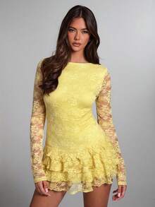 SHEIN BAE Women's Elegant Yellow Autumn Lace Trim Layered Ruffle Hem Mini Dress,Solid Color Long Sleeve Floral Dress For Date,Night Club,Birthday Party - Yellow - View 7