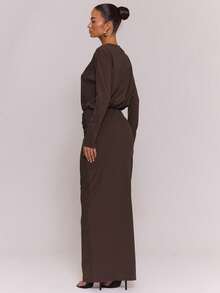 MUSERA Gaun Maxi Panjang Berpotongan Pas Badan dengan Detail Drape, Elegan untuk Musim Semi dan Musim Panas, Acara Liburan. - Chocolate Brown - View 4