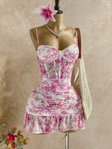 Soleia 女士度假风格蓝白印花网眼拼接甜心领口合身荷叶边下摆迷你连衣裙，适合派对、约会、下午茶、海滩、夏季 - 彩色 - 查看 4