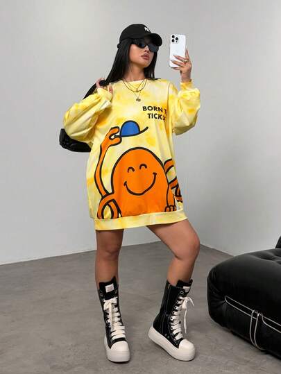 Mr Men Little Miss X SHEIN Plus Size Letter & Cartoon Graphic Crew Neck Long Sleeve Dress