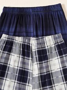 SHEIN 2 Sets Boy Pajamas, New Style Toddler Boys' Round Neck Light Gray And Navy Blue Long Sleeve Tops With Gray & White Plaid And Navy Blue Loose Casual Pants, Stretchy Knit Fabric, Machine Washable, Comfortable Fit Family Matching Outfits (2 Sets Sold Separately) Plaid Pajama Set Fall Winter