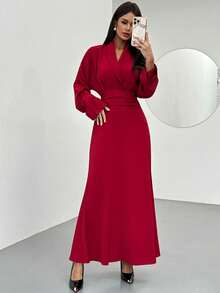 Firerie Women's New Satin Solid Color Ruffle Collar Cinched Waist Fishtail Hem Maxi Dress, V-Neck Business Dress, Puff Sleeve Dress, Blazer Style Dress, Fishtail Hem Dress, Spring Summer Autumn Winter Clothing, Elegant, Commute, Date, Party, Wedding Season, Graduation, Prom, Performance, Concert, Work Attire, Back To School, Annual Party, Women's Birthday, Holiday Outfit - Burgundy - View 5