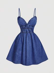 SHEIN MOD Women's Ruffle Waist Pleated Denim Cami Dress, Fashionable For Vacation And Party - Dark Wash - View 2