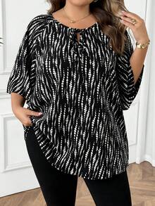 SHEIN CURVE+ 大码女式情人节系领印花荷叶袖衬衫，春冬季 - 彩色 - 查看 3