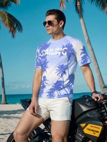 Manfinity Swimmode Men's Tropical Print Rash Guard Swimwear Beach Tshirt For Men Mens Vacation Clothing - Baby Blue - View 1