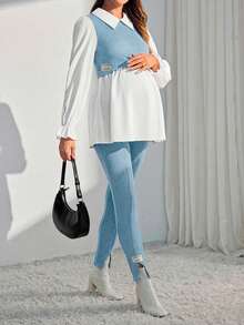 SHEIN Maternity Spring And Summer Clothing New Fashion Casual Contrasting Color Stitching Long Sleeve Two Pieces Set - Baby Blue - View 5