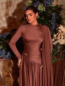 Aureia Elegant And Glamorous, Grey-Brown Stretch Knit With Metallic And Pleated Embellishments, Round Neck, Long Sleeves With Flowing Sequins, A-Line Silhouette, Long Length. Suitable For Parties, Dates, Weddings, Festivals, And Formal Occasions, Bridesmaid Dress.,Wedding Party Dress - Brown - View 2