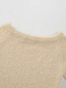 Franclia 新款秋冬欧美风性感不对称肩部流苏毛绒针织连衣裙 - 米色 - 查看 3