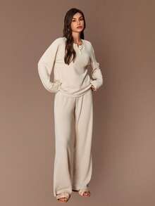 Lazeform Women's Casual Fuzzy Knit Crew Neck Button-Up Long Sleeve Pants Loungewear Set Cozy Sets Women 2 Piece Lounge Sets Woman Lounge Wear Women Set Long Sleeve Lounge Set - Apricot - View 3