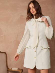 Enchnt Spring Autumn Women's Elegant Off-White Tweed Tie Collar Lantern Sleeve Mini Dress,Chic For Work,Date&&Daily Commute White Dresses - White - View 7