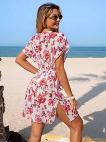 Swim Glamine Women's V-Neck Floral Print Fashionable Versatile Vacation Beach Cover-Up Dress - Multicolor - View 2