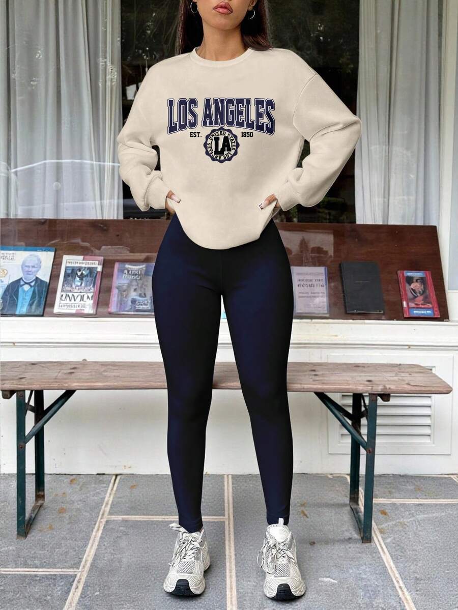 SHEIN EZwear Bộ 2 áo nỉ cổ tròn rộng rãi và quần legging bó cho nữ, in họa tiết Los Angeles, phù hợp cho mùa thu/đông - Nhiều màu - Xem 1