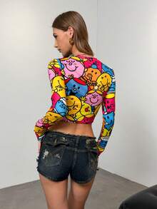 Mr Men Little Miss X SHEIN Women's Casual Daily Commute Fashion Street Allover Print Long Sleeve Cropped T-Shirt, Spring/Autumn - Multicolor - View 2