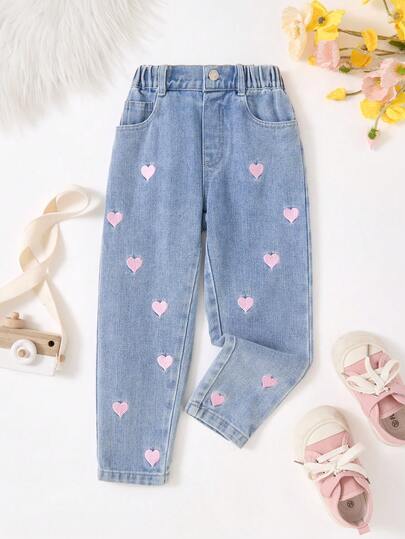 Girls' Cute Embroidered Denim Jeans, Suitable For Spring, Summer, Autumn And Winter, Medium Wash Blue, Sweet And Fashionable Casual Versatile Streetwear Design, Elastic Waistband, Button Closure, 5-Pocket All-Match Straight Leg Jeans, Soft Cotton Denim Fabric, Suitable For Daily Wear, Gatherings, School, Commute, Party